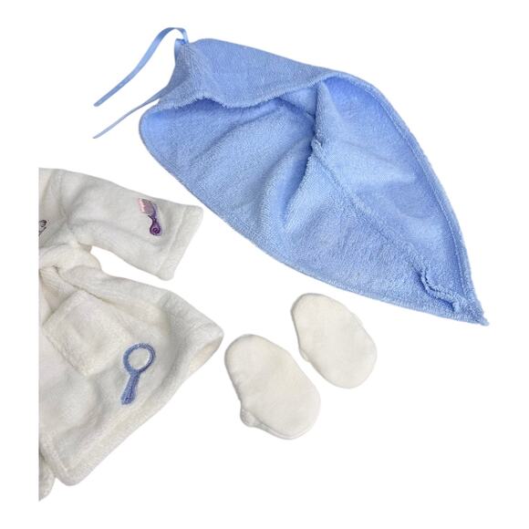 American Girl Doll Spa Robe Slippers Head Towel Set Terrycloth White Blue Pajama - Picture 4 of 9